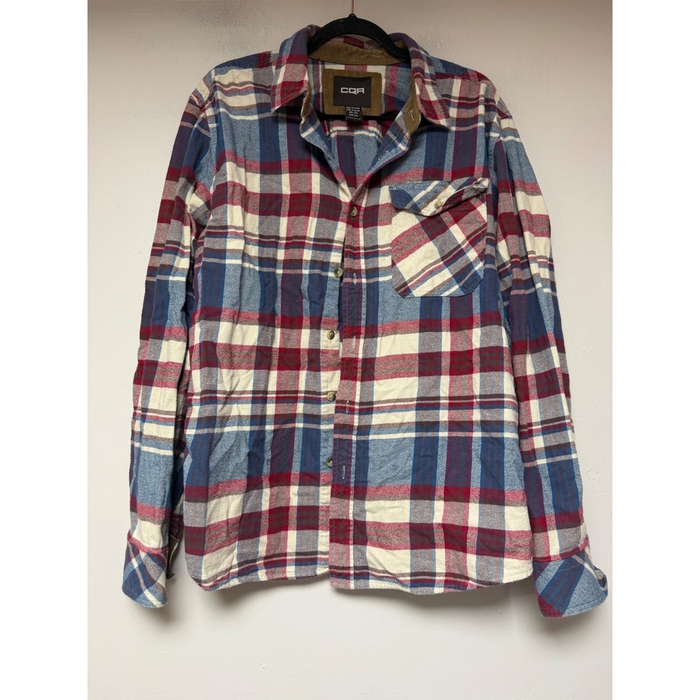 CQR Flannel Shirt Mens XL Blue‎ Red Plaid Excellent Corduroy Trim Cotton 9115